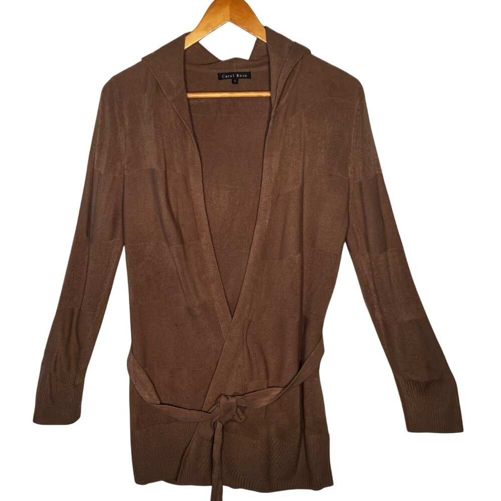 Carol Rose Womens M Brown Hooded Open Front Cardigan Sweater Tie Belt Warm Cozy